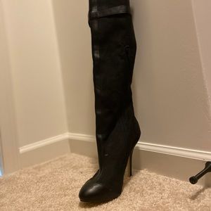 Thigh High Black Suede Boots w/ Leather Detail